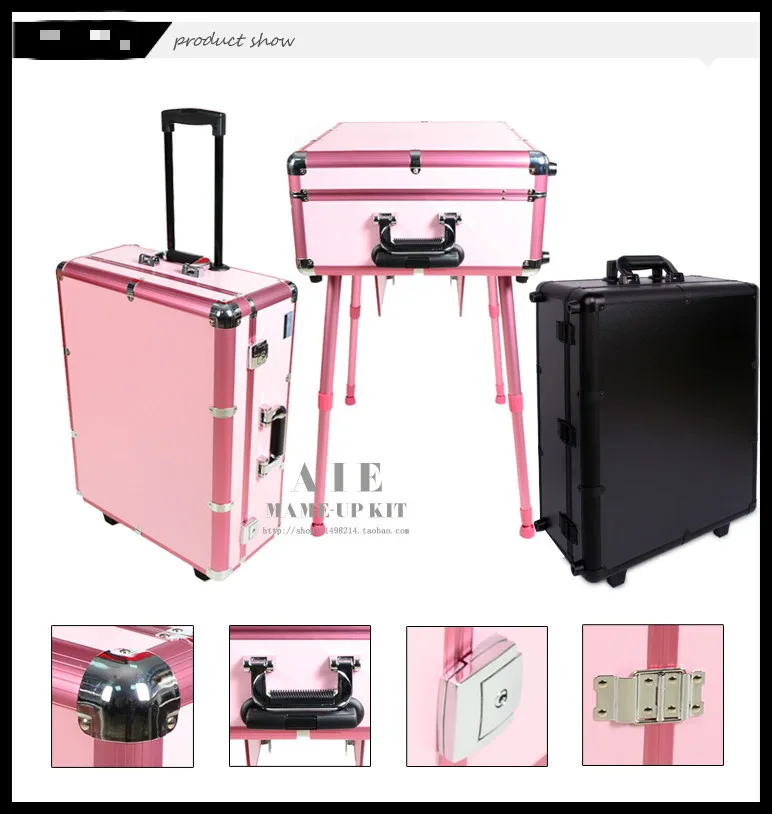 Aluminum cosmetic box with light pink colour Makeup case with stander