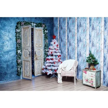 

Old Wooden Door Newborn Baby Kids Xmas Party Backdrop Printed White Christmas Tree Blue Walls Family Photo Portrait Backgrounds
