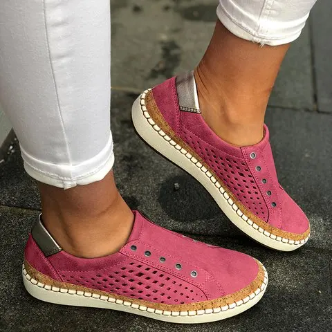 Women Summer Flats Shoe Zapatos Mujer Cut Out Vintage Flock Light Simple Soft Shoe Woman Sapato Chaussure Womans Shoes - Color: pink