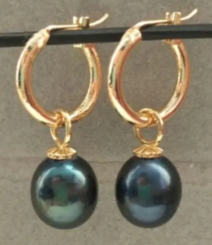 

YELLOW GOLD AAA 12X10mm South Sea Black Baroque Pearl Earrings