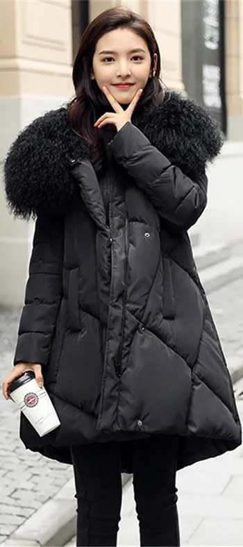 Зимний плащ, парки для женщин, настоящий большой шерстяной меховой воротник, хлопковая куртка, плюс размер, 4XL, толстые теплые топы, женские хлопковые пальто трапециевидной формы, N257