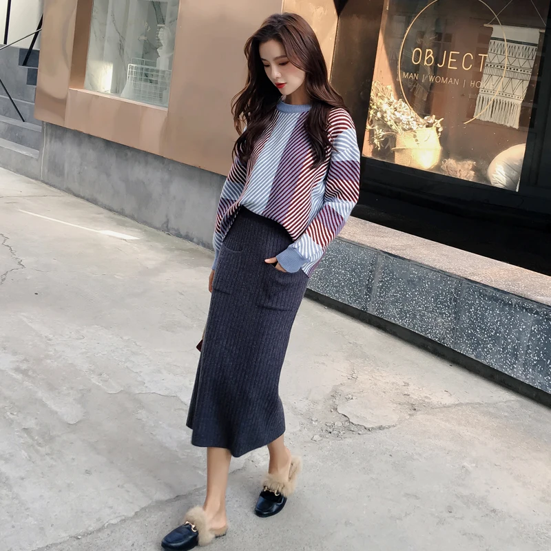 

BGTEEVER Casual Knitted 2 Pieces Set O-neck Striped Sweater & Elastic Waist Long Skirt Winter Women Knitted Sets Female Pullover