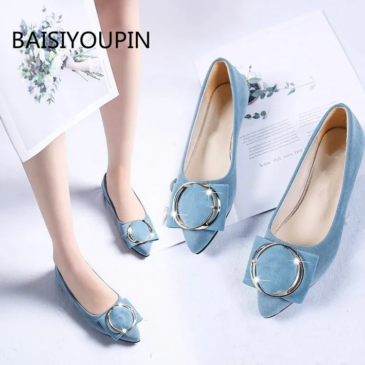 

Flats Solid Casual Women Shoes Breathable Loafers Metal Slip-On Pointed Toe Fashion Shallow Office Flock Work Female Shoes