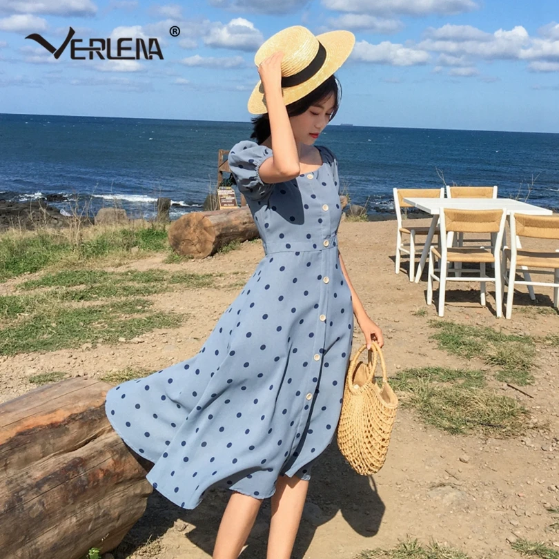 Verlena Винтаж крупный горох печати голубое летнее платье для женщин 2019 пуговицы с