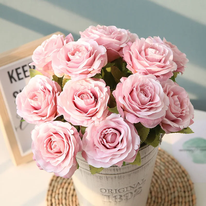 Flone Artificial Silk Rose Flower Bouquet Fake Flowers 12 Head Small Fresh Wedding Rose Decoration Home Decoration Accessories (11)