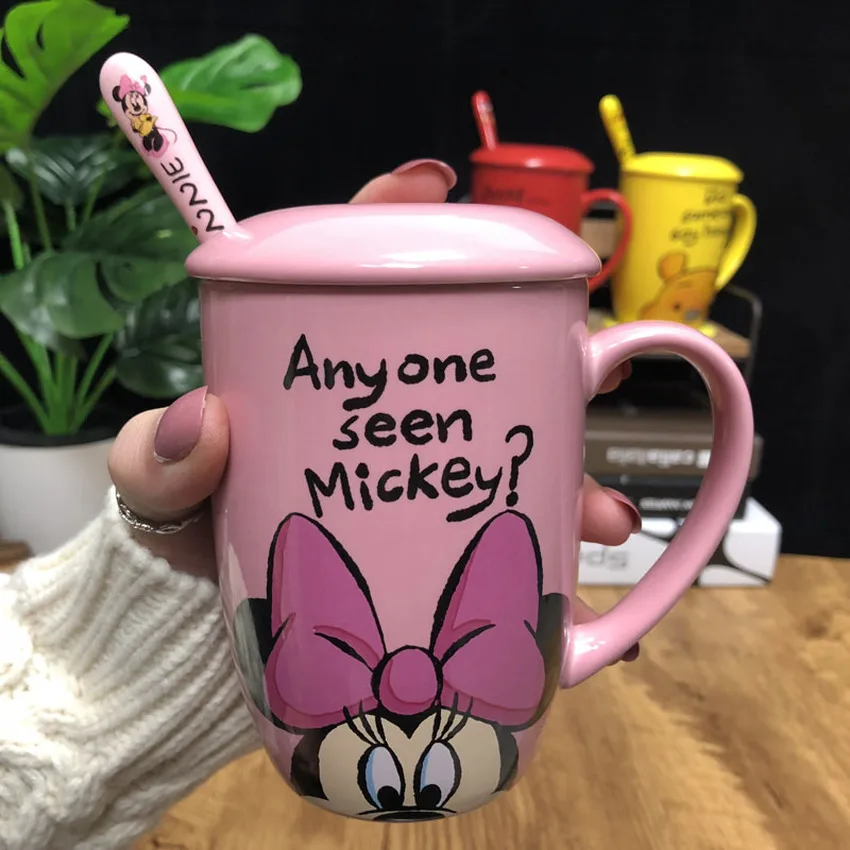 

Mickey Winnie Pooh Cartoon Mug with Covered Spoon Minnie Breakfast Milk Coffee Mug Student Beverages Ceramic Cup Office Gifts