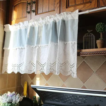

DUNXDECO Short Curtain For Kitchen Door Half Cortinas Mediterranean Blue White Stripe Fresh Embroidery Cotton Rideau Home Decor