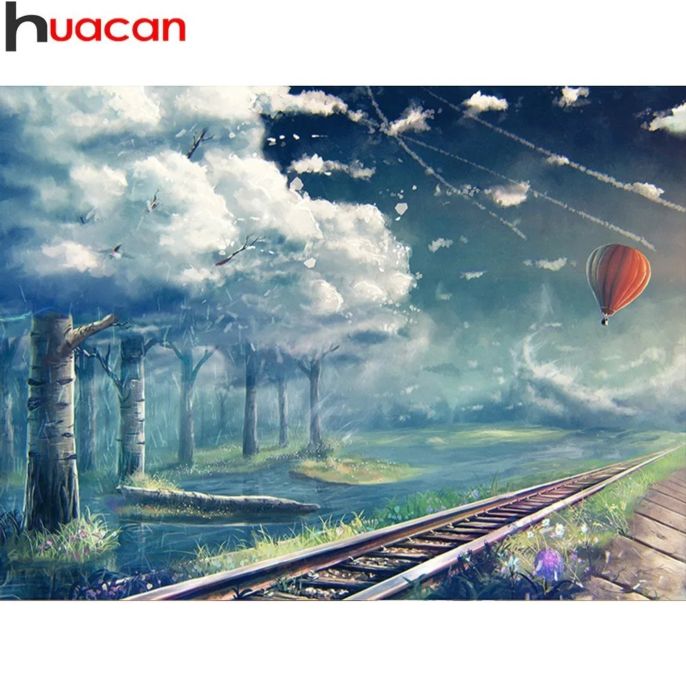 

HUACAN Diamond Painting Cross Stitch Landscape Full Square Drill Diamond Embroidery Rail Diamond Mosaic Living Room Decoration