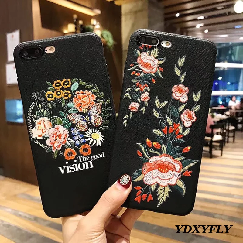 

New Vintage Embroidery Flower Honeybee Butterfly Cases For iPhone X 8 7 6 6s Plus 5 5s SE Case Soft TPU Back Cover Protective