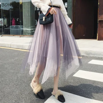 

Skirts Women Tulle Pleated Irregular Hem Solid Mid Calf Womens Princess Skirt Korean Style Spring Streetwear Leisure Chic Trendy