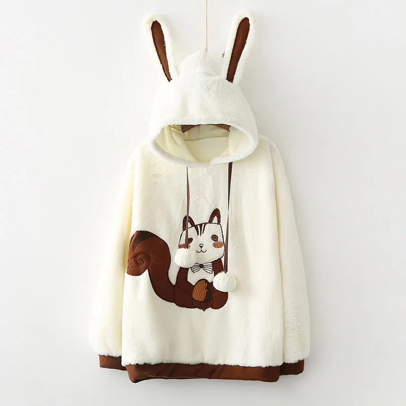 

Autumn Winter Style Embroidery Squirrel Hoodies Lolita Girls Bunny Ear Student Girl Warm Hoodie Harajuku Pullover New Jumper