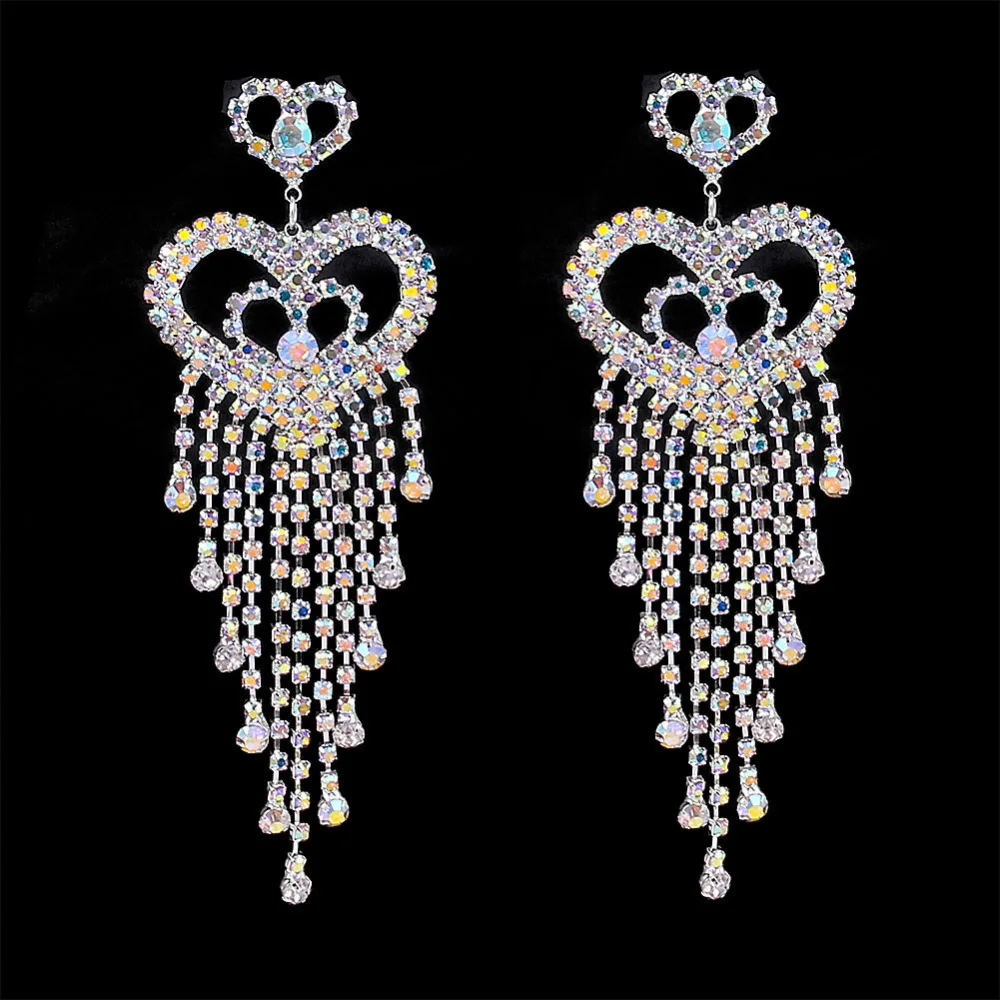 

Shevalues Wedding AB Rhinestone Long Tassel Drop Earrings Bridal Hearts Shape Crystal Hanging Earring Jewelry Brincos Best gift