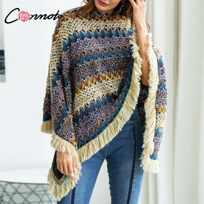 Conmoto многоцветный Трикотажное пончо свитер женский Осень Зима Boho Асимметричный V