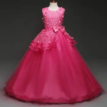 

Tiered Tulle Long Evening Dress 4-14 Years Old Rose Flower Girls Wedding Gown Formal Princess Party Dresses for Kids