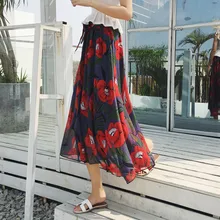 Элегантные летние Для женщин Длинная юбка шифон Saia пляжное богемное макси юбки Высокая талия пачка Повседневное Vestidos Print Maxi Skirt