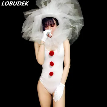 

Lady White Stretch Bodysuit Hat Big Headgear Set Sexy Nightclub DJ Dance Team Costume Bar Party Outfit Jazz Modern Dance Clothes
