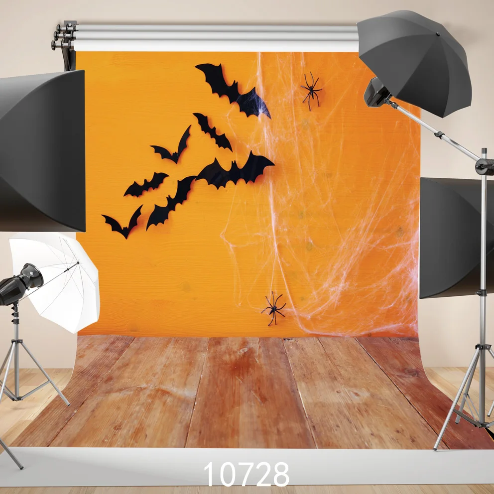 Wooden Floor Photography Backdrops Bats Spider  Orange Backgrounds