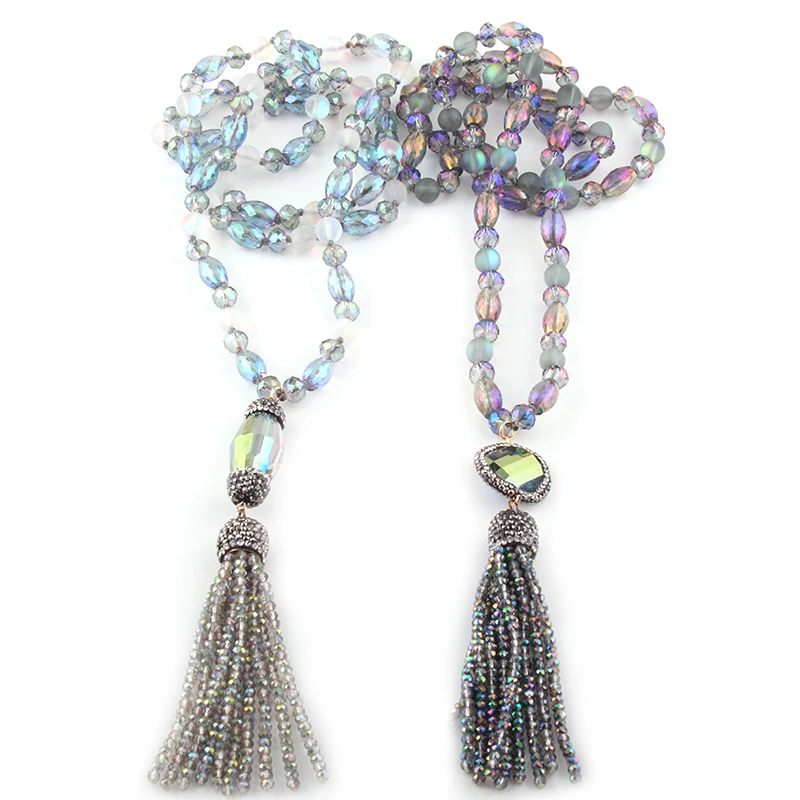

Free Shipping Bohemian Tribal Jewelry Glass Crystal long Knotted Round Oval Crystal Link Crystal Tassel Necklace For Women