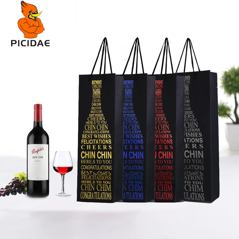 

Wine Box Paper Packaging Hot Stamping Black Cardboard Bag New Year Storage Portable Festival High Grade Handle Tote Rope Gift