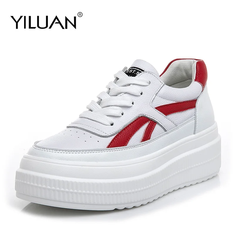 Yiluan/Повседневная Белая обувь, женские брендовые кроссовки на платформе, женская обувь из натуральной кожи для студентов, с перекрестной шнуровкой, Женская дышащая обувь