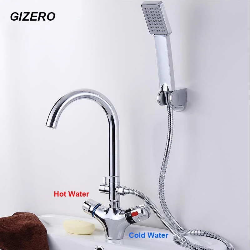 

GIZERO Thermostatic Bathroom Swivel Faucet Small Spout Temperature Control Deck Mounted Vessel Sink Taps torneira crane ZR987