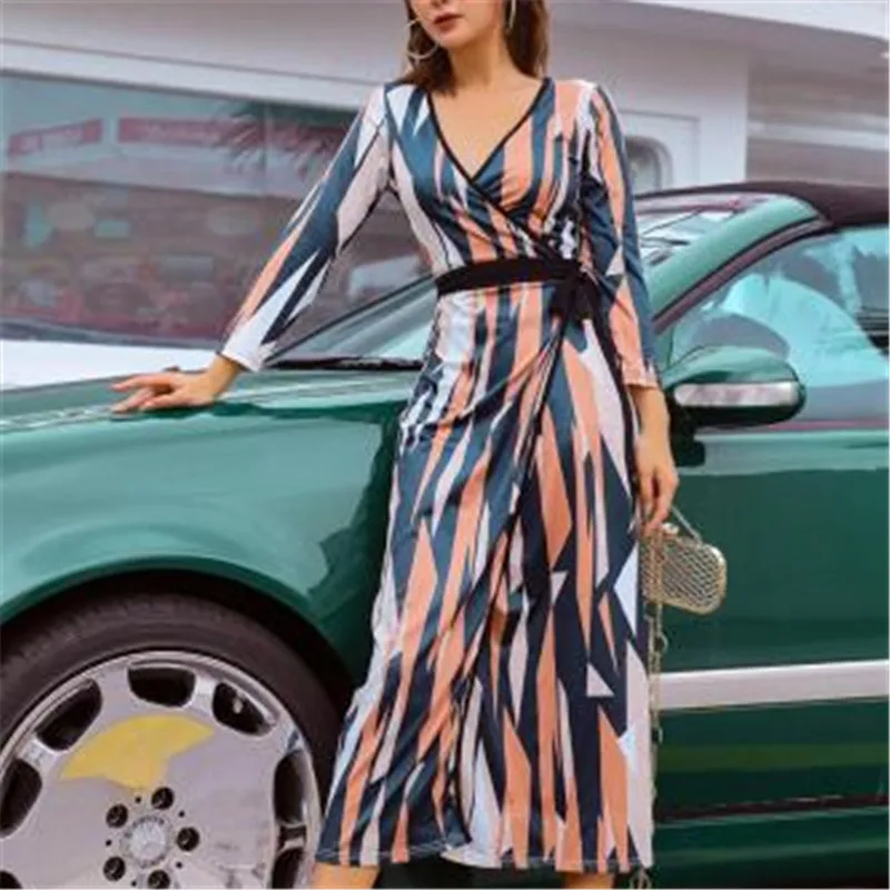 

Split Sexy Autumn V-Neck Korea Slim Mid-Calf Soft High Waist Vestido Woman New Dress Fall Fashion Party 2019 Mujer Women Print