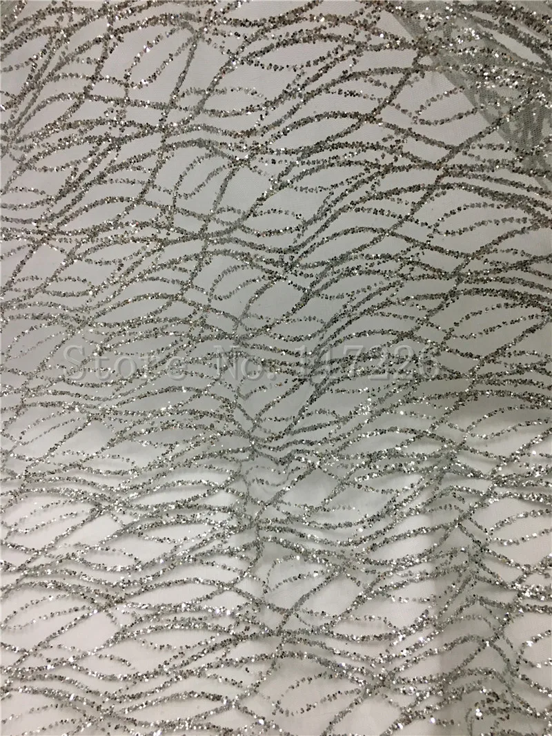 

5 yards JRB-81103 glued glitter lace fabric on sale embroidery mesh material for evening dress in silver color