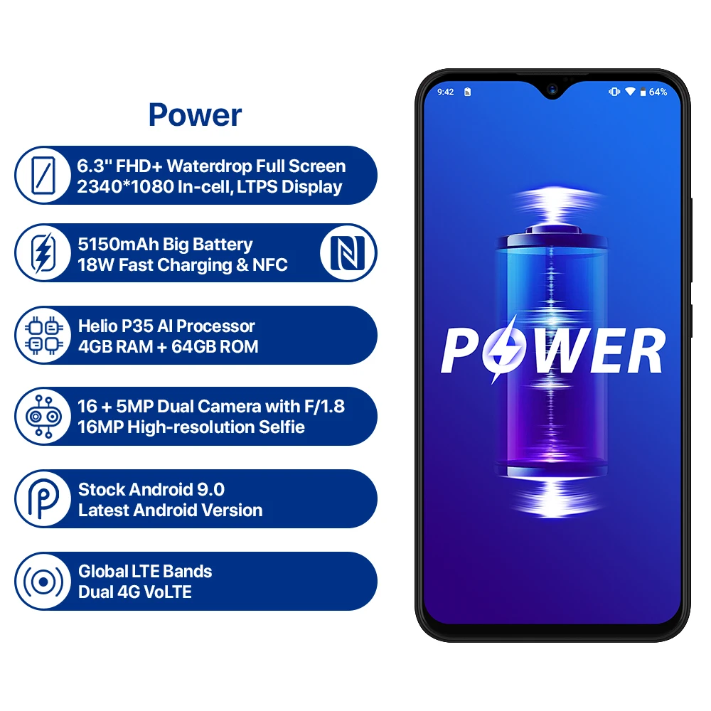 Мобильный телефон UMIDIGI power Android 9,0, глобальная версия, 64 ГБ, 4 Гб, 6,3 дюйма, 16 Мп+ 5 Мп камера, 4G, быстрая зарядка, OTG, NFC, дроп, смартфон