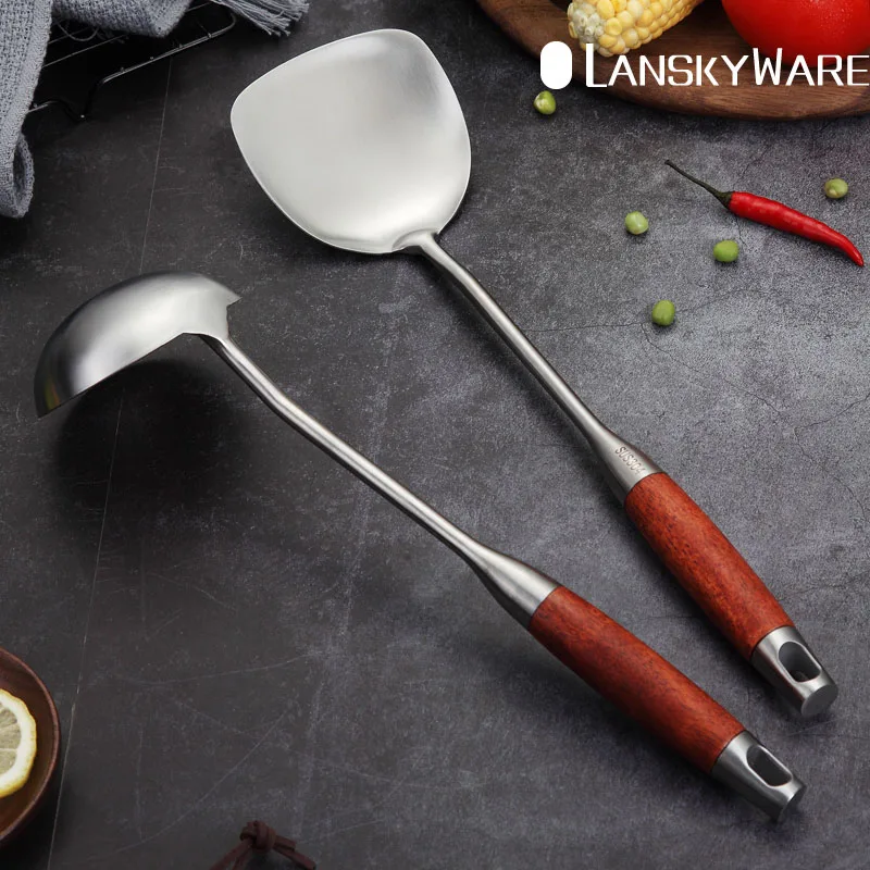 LANSKYWARE 304 Нержавеющая сталь шпатель ковш Нескользящая деревянная ручка кухонная