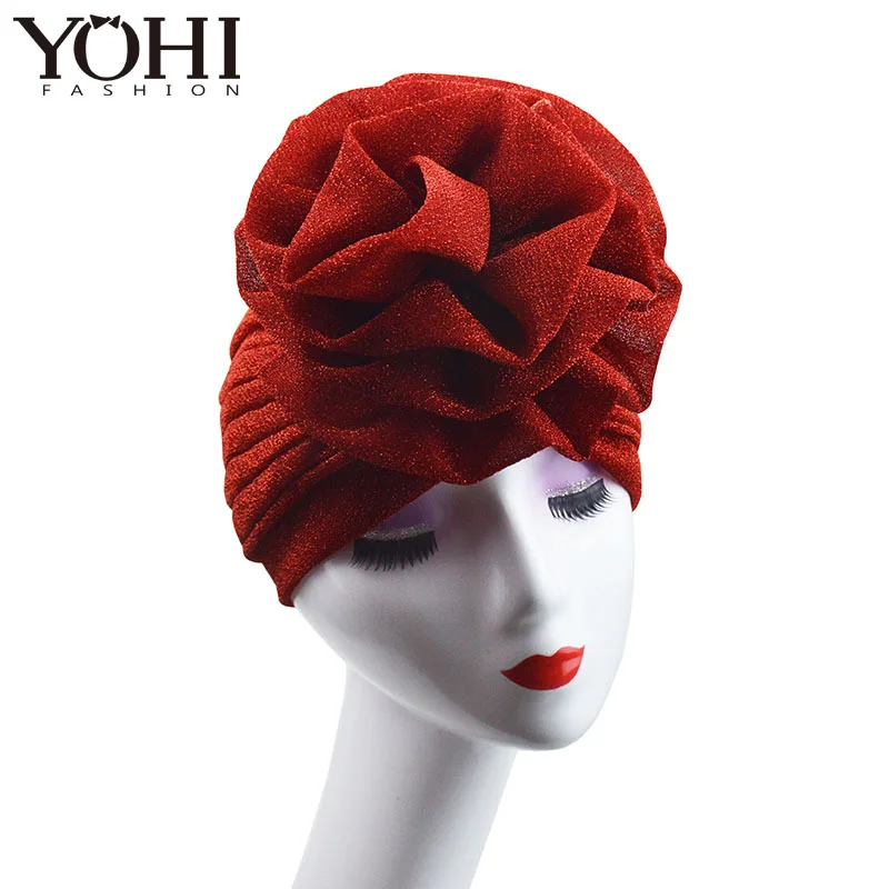 New luxurious Muslim headgear with bright silk and large flowery India hat Women turban scarf Head wrap Turbante