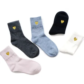 

Women Winter Socks Japanese College Wind Gold Embroidery Love Socks High Quality Female Cotton Tube Socks