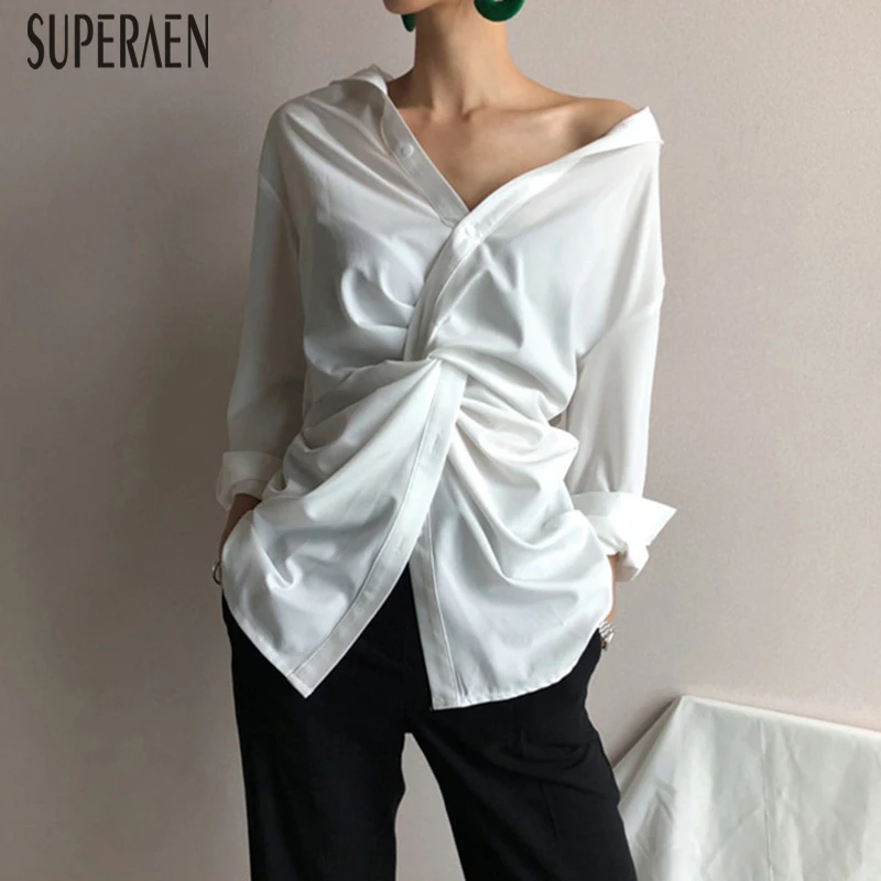  SuperAen Irregular V-neck Shirt Women Spring 2019 New Solid Color Cotton Women Blouses and Tops Fas