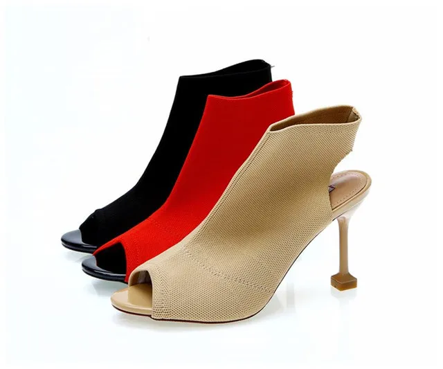 

European and American fish mouth shoes 19 summer new fine with knitted elastic elastic high heel sandals