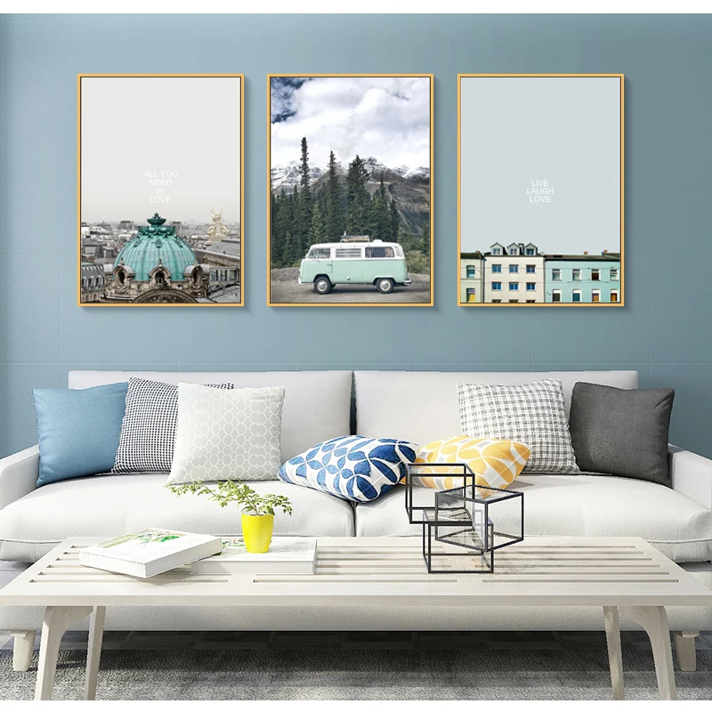 Landscape Canvas Printing Building Painting Nordic Blue Art Prints Car Mountain Wall Picture for Home Decoration (2)