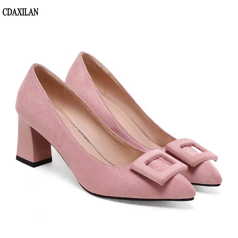 

CDAXILAN new women pumps Faux suede 7cm high square heels pointed toe shoes summer dress office lady shallow shoes