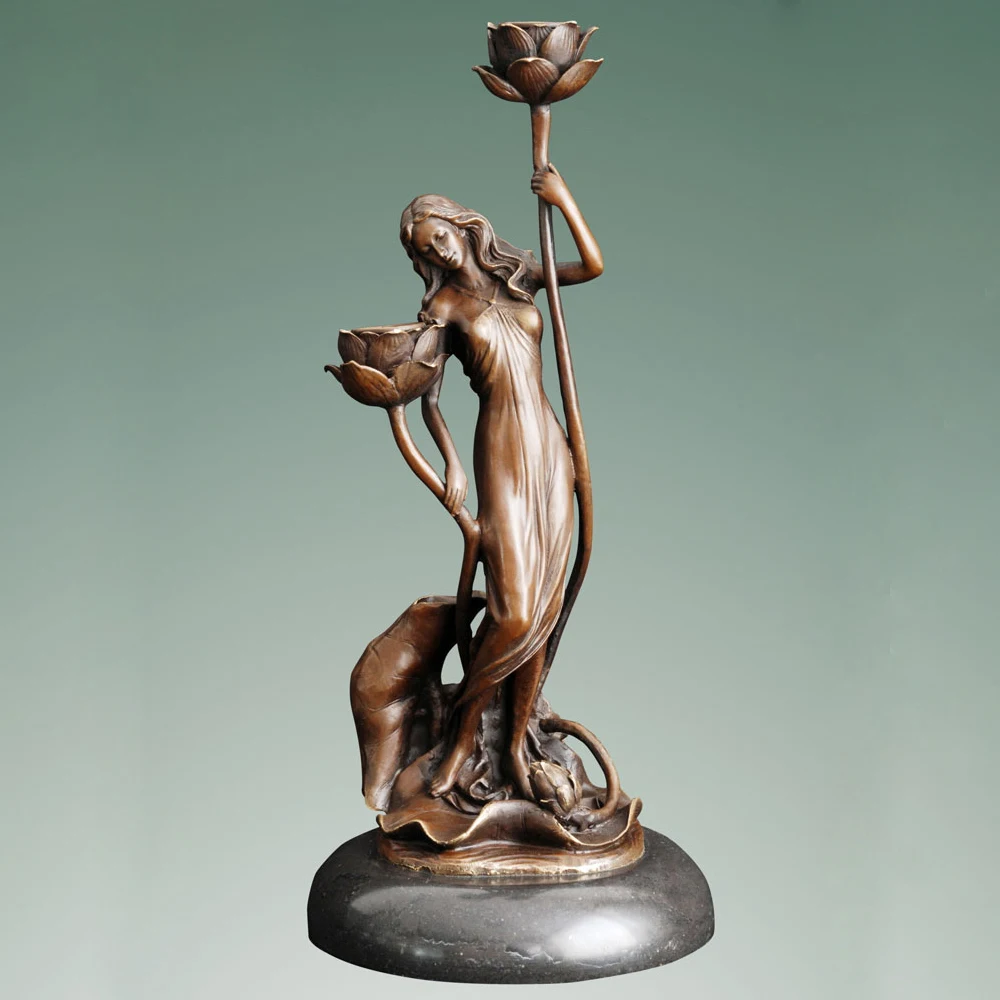 ATLIE bronze Lotus maid candlestick sculpture candleholder centerpiece