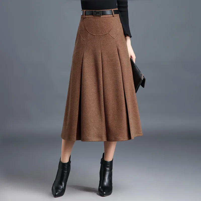

M-4XL New Women's Skirt Winter Autumn 2019 Fashion Elegant Wool Blends Skirts Thicken Pleated Slim Medium Length Skirt Female