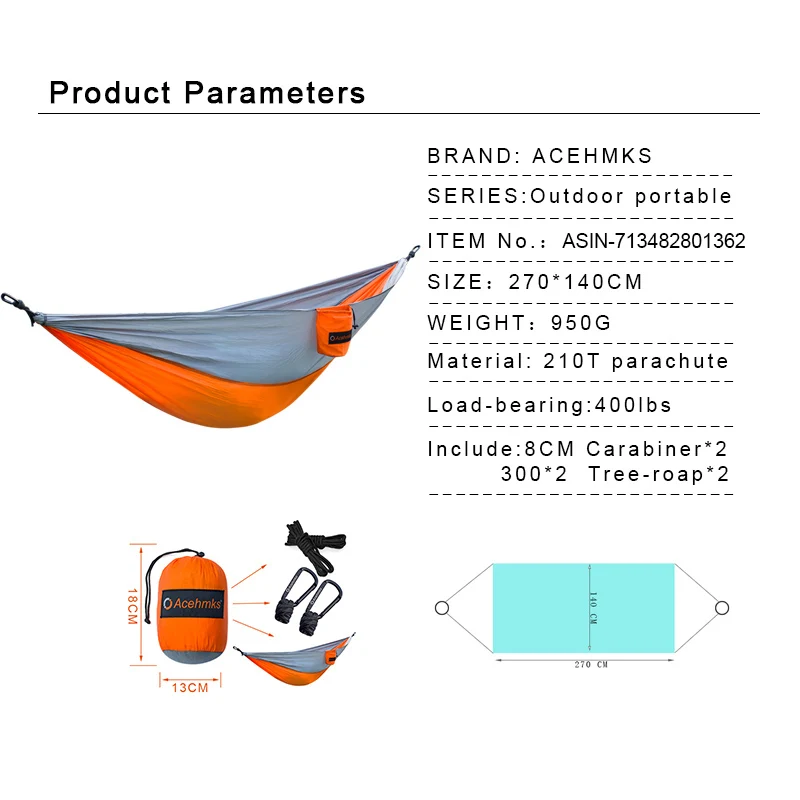 Acehmks Кемпинг гамак качели 270 см * 140 см Сверхлегкий Портативный складной нейлоновый гамак из парашютной ткани с 2 шт. дерево веревки, карабины