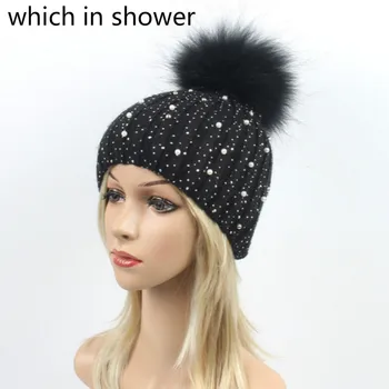 

Fashion Rhinestone Wool Knitted Hat Cap For Women Girl Real Fur Pompom Winter Hat Female Fur Pompon Bling Woolen Skullies Beanie