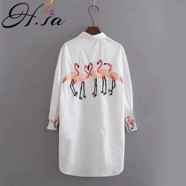 H.SA 2018 Spring New Women White Long Blouses Long Sleeve Casual Flamingo Embroidery Shirts Women Top and Blouses roupa feminina