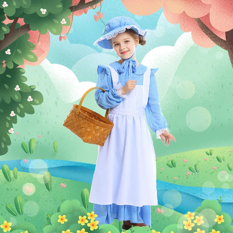 

XS-XL Blue Medieval Girls Halloween Maid Costumes kids Peasant Farmer woman Cosplays Carnival Purim party Stage play party dress