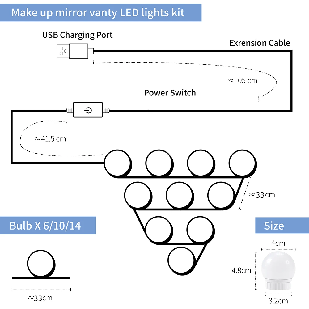  WENNI LED Hollywood Makeup Light Dressing Table Mirror Light USB Vanity LED Bulb 12V Stepless Dimma