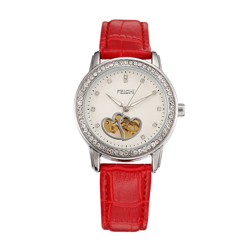 

Heart Rhinestone Automatic Mechanical Wristwatch Fashion Genuine Women Leather Skeleton Watch F8093