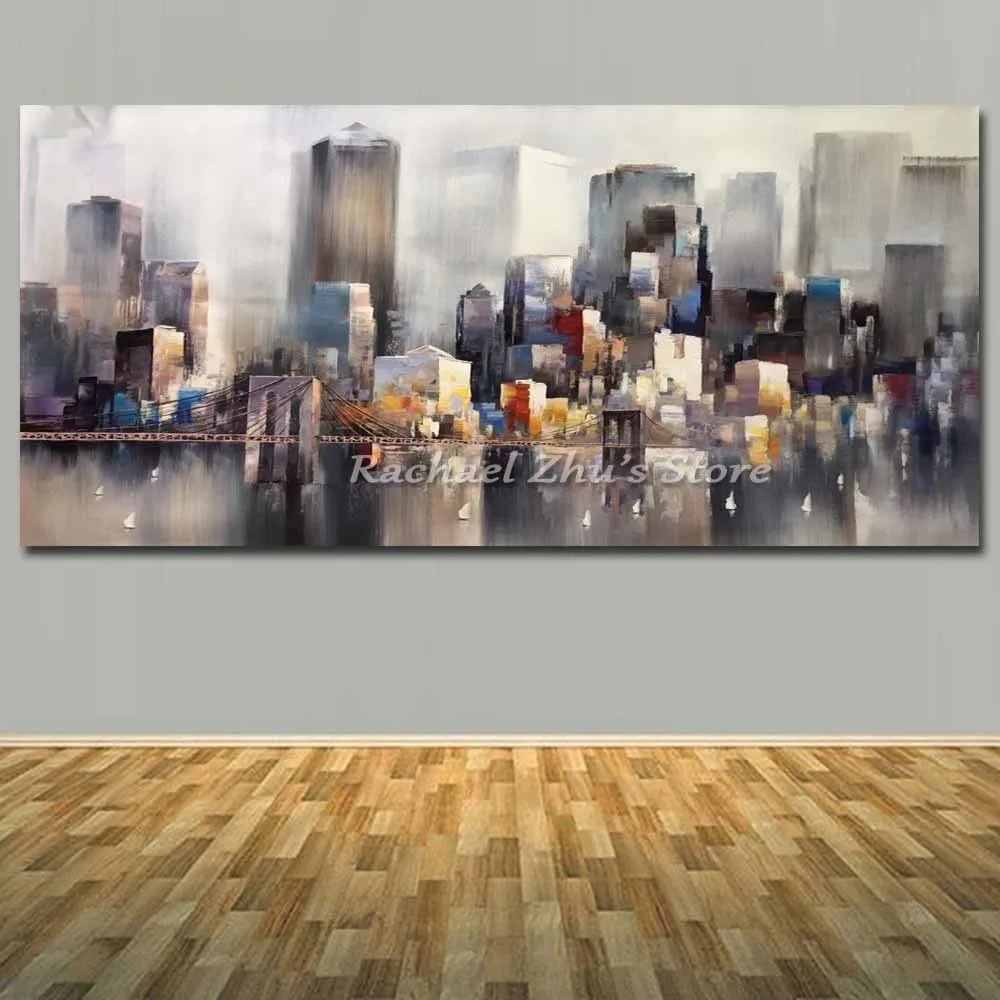 

Large Size Hand Painted Abstract Buildings Landscape Oil Painting On Canvas Modern City Picturs Living Room Home Wall Art Decor