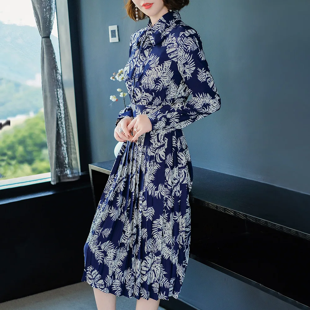 Mode down 2018 Turn Chemise Femmes Imprimer Robe Col Qualité Manches Plissée Longue Vintage Automne Européenne Printemps Longues Haute vExqwfEFAr
