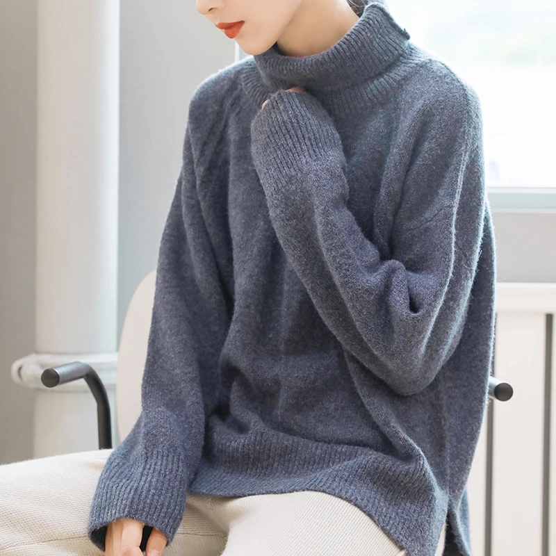 WHITE ISLAND Grey Blue Turtleneck Sweater Women Pullover