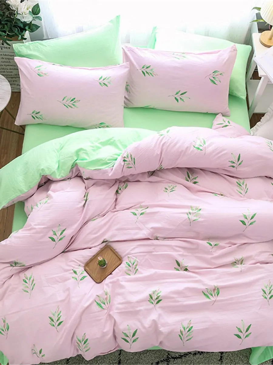 

4Pcs Bedding Sheet Set Fresh Plants Printed Comfy Supple Bedding Set