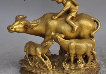 

china fengshui brass Cowpoke lad boy ride animal 3 Ox Bull Cattle lucky statue