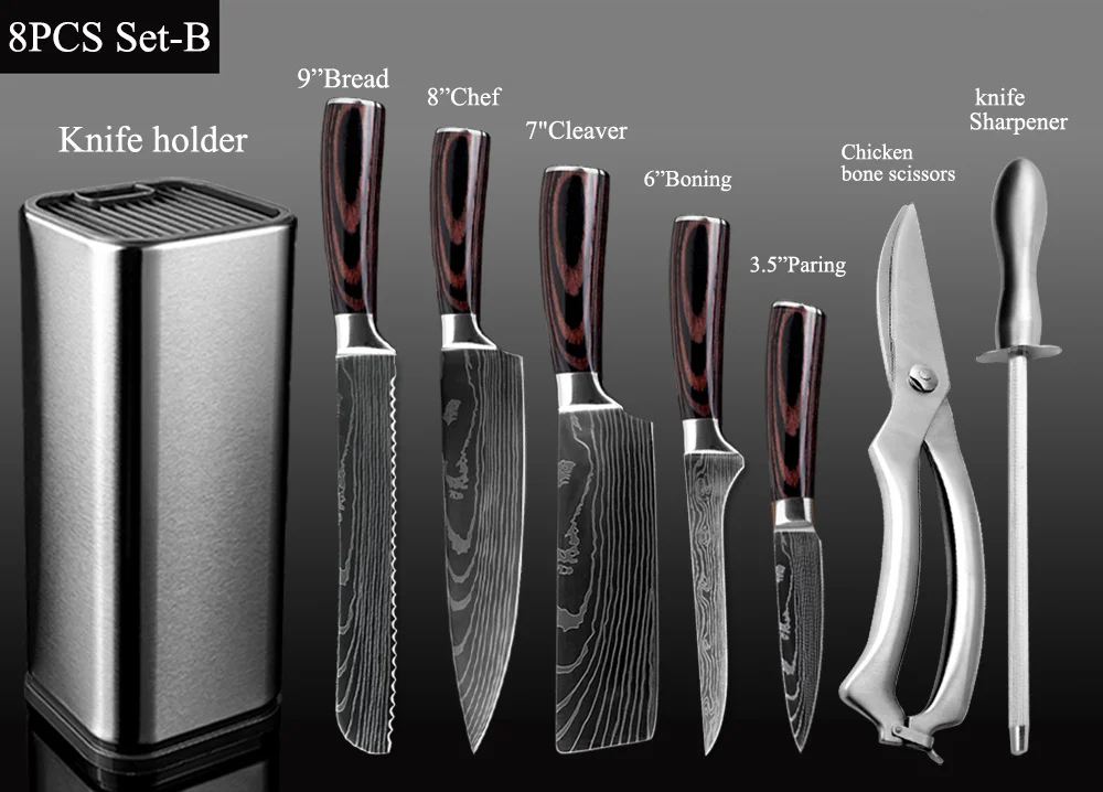 XITUO держатель для ножей Кухня из нержавеющей стали набор ножей дамасский узор японский Santoku Кливер обвалки нож для очистки хлеба инструменты