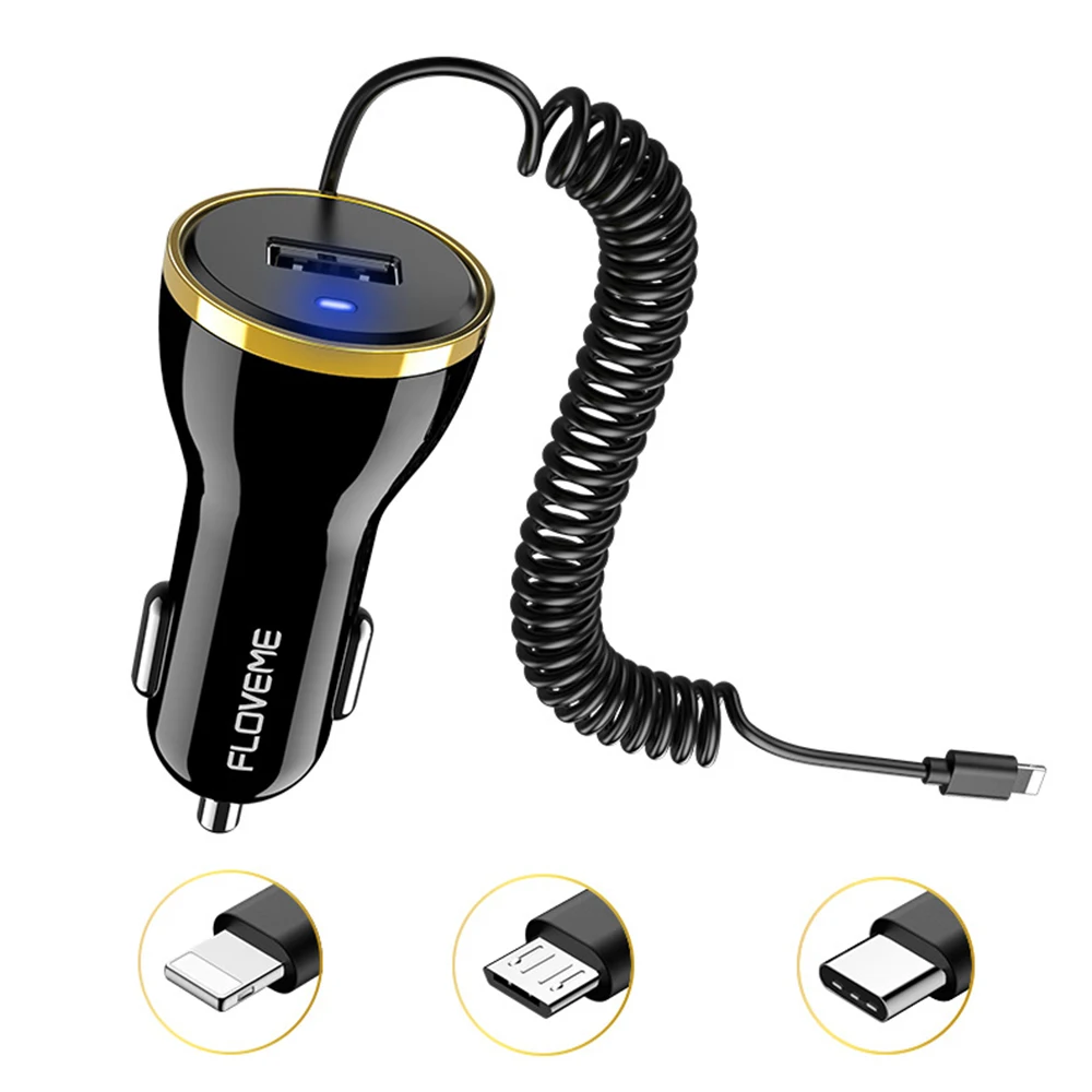 FLOVEME 2019 New USB Car Charger For iPhone X 8 7 Plus Xs Max 2.1A Car-Charger With Micro Type C Cable Smartphone Chargers | Мобильные